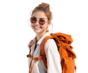 Happy traveler with backpack, sunglasses, expressing joy & excitement for journey.