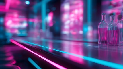 Fototapeta premium blurred image of a futuristic neon cocktail bar interior glowing with magenta and aqua ,neon saturated palette