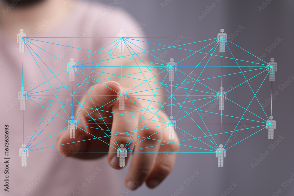 Poster abstract image of a hand interacting with a digital network of interconnected people.