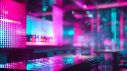 Fototapeta premium blurred image of a futuristic neon cocktail bar interior glowing with magenta and aqua ,neon saturated palette