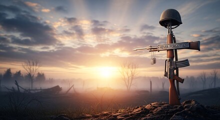 Battlefield cross memorial with rifle and helmet symbolizing remembrance and fallen soldiers at dawn