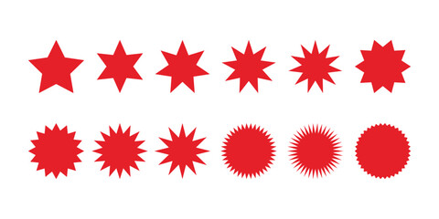 Collection of Red Starburst Shapes Displaying a Variety of Point Counts and Geometric Forms Against a White Backdrop