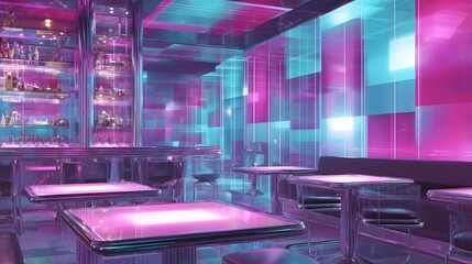 Obraz premium blurred image of a futuristic neon cocktail bar interior glowing with magenta and aqua ,neon saturated palette