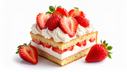 Strawberry cake slice topped with whipped cream and fresh berries on white surface