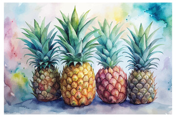 set of Watercolor tropical pineapple fruits