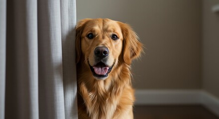 Golden retriever peeking behind curtain