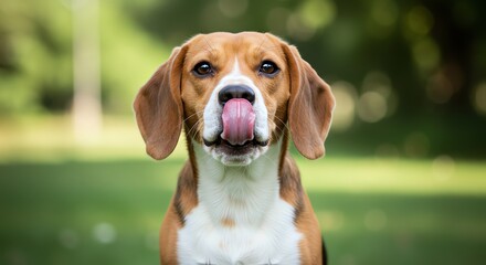Beagle dog panting in a park