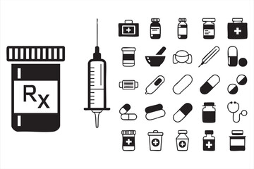 Fototapeta premium Medical and Pharmaceutical Icons Set Featuring Prescription Bottles, Syringes, Pills, Capsules, and Health Tools in Black and White