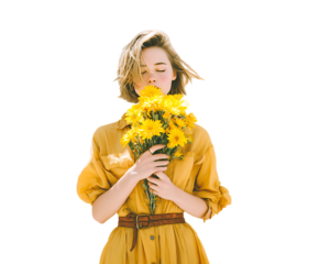 Woman smells yellow flowers, enjoying nature. Spring, beauty, peace.