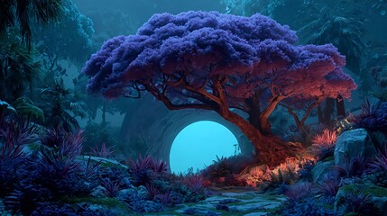 Dreamy fantasy forest landscape with glowing portal and purple tree scene art