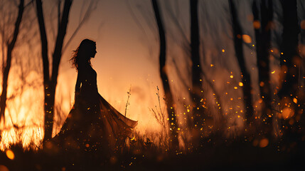Magical woman dancing nature silhouette with golden hour forest background