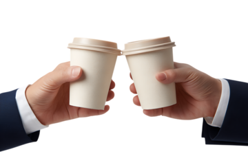 Two businessmen in suits toasting with coffee cups, symbolizing a successful deal or partnership.