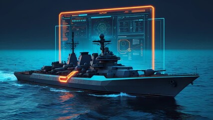 Advanced naval warship sailing in open sea with glowing digital holographic interface overlay showing high tech control systems and defense data - Powered by Adobe