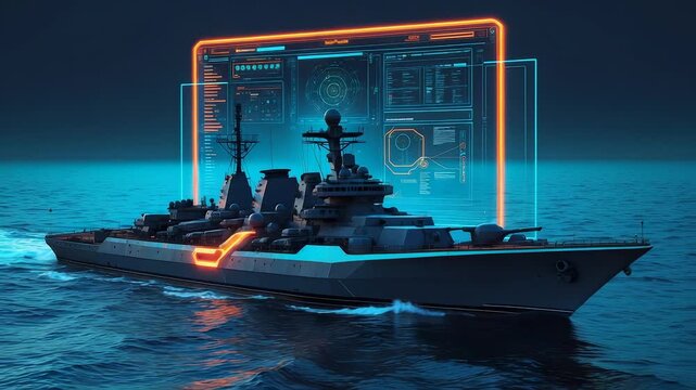 Advanced naval warship sailing in open sea with glowing digital holographic interface overlay showing high tech control systems and defense data