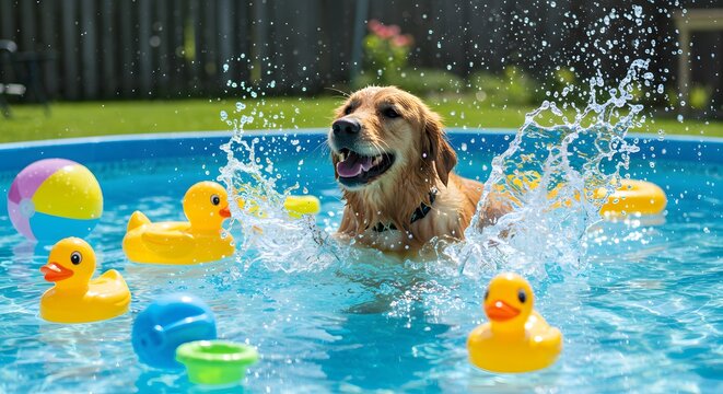 Happy Golden Retriever Dog Splashing in a Blue Swimming Pool on a Sunny Summer Day with Yellow Rubber Ducks