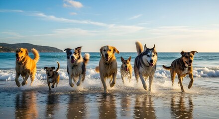 A diverse pack of happy dogs running along a sandy beach at sunset, enjoying the ocean waves and a beautiful coastal landscape