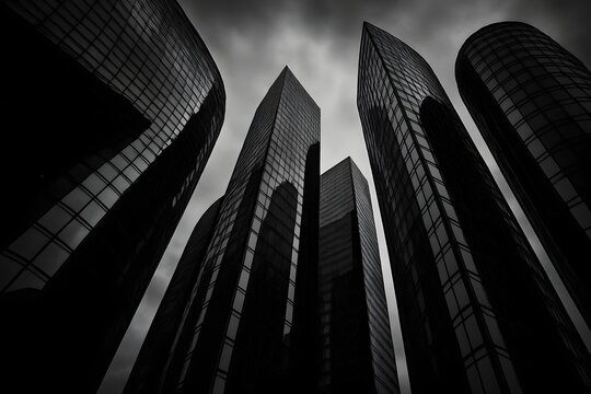 Low-angle view of skyscrapers against sky. Modern high-rise buildings in downtown. Urban architecture with leading lines. Black, white photo of tall buildings in fog. Contemporary city construction.