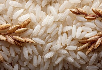 Close-up of white rice grains with two stalks of golden rice grains
