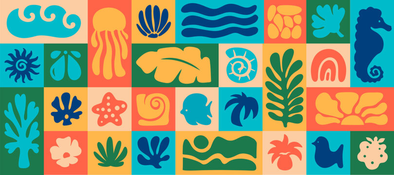 Colorful geometric abstract art with nature and animal motifs