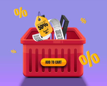 Shopping basket with sale discounts and add to cart button on green background