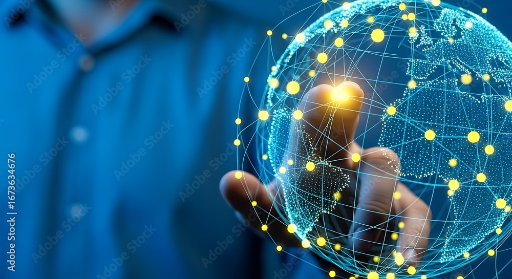 Poster a persons hand touching a glowing digital globe made of interconnected lines and nodes, symbolizing 