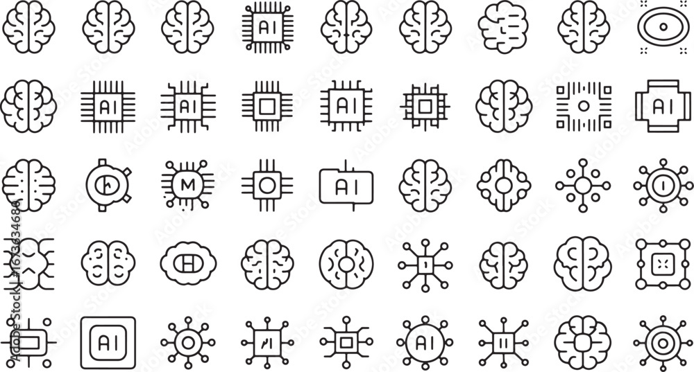 Fototapete extensive collection of artificial intelligence and brain-inspired technology line icons representin