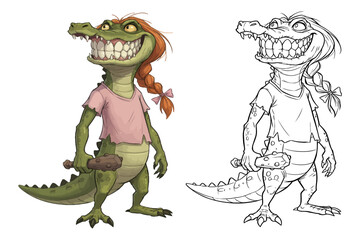 Cartoon alligator girl with red hair and pink shirt, holding a club next to line drawing version.
