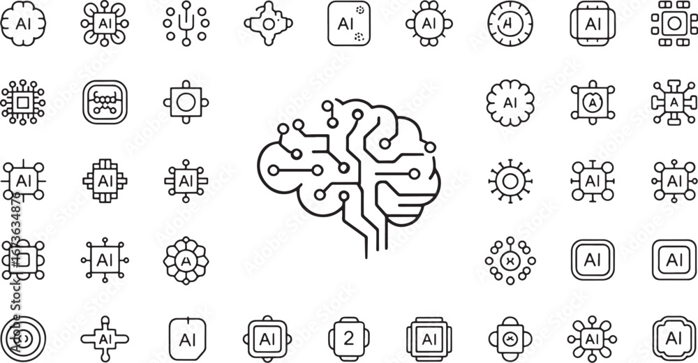 Fototapete artificial intelligence thin line icon set featuring a central brain circuit symbol. a collection of