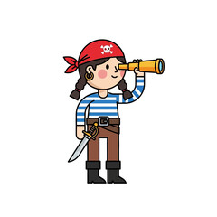 Cartoon Pirate Girl with Spyglass and Sword