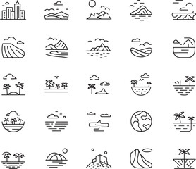 Clean line art vector landscape icons collection, featuring mountains, oceans, forests, islands, deserts, and city skylines, ideal for modern design