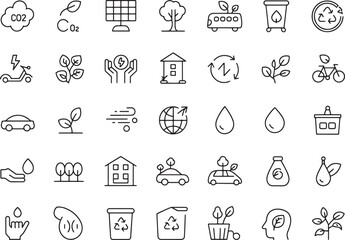 Set of eco-friendly and sustainable icons representing green living, renewable energy, and environmental protection with diverse symbols on a clean background