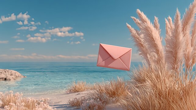 Pink envelope floating on beach with blue sky and water summer email concept