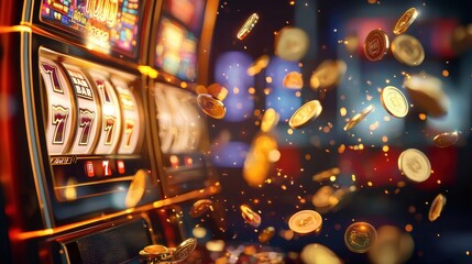 Excitement of winning at a slot machine with coins flying in a vibrant casino atmosphere
