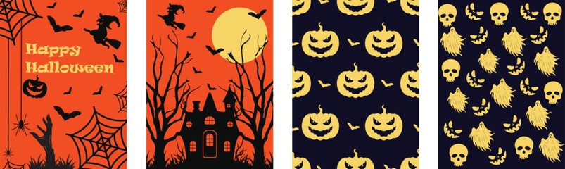 Collection of Halloween themed vector backgrounds featuring pumpkins, skulls, bats, haunted house, spider webs, and full moon night.