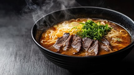 Fototapeta premium Steaming bowl of ramen with tender beef and green onions against a dark background