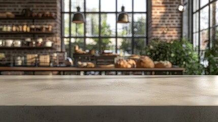 Empty stone marble table top in blurred bakery background. Blank nature textured rock desktop for product display in abstract blurred food shop backdrop