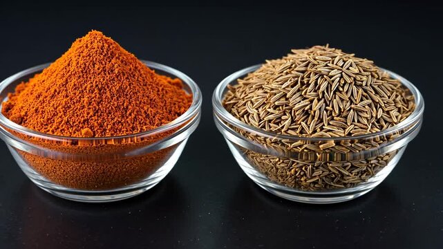 Spice Pair: Paprika Powder and Cumin Seeds in Glass Bowls