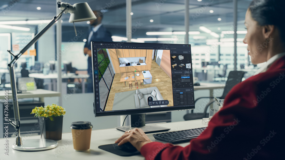 Aufkleber female interior designer using advanced 3d modeling software on a desktop computer to create a moder