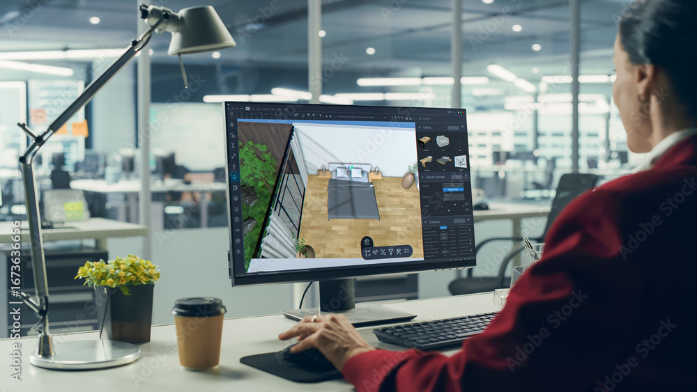 Aufkleber female interior designer using advanced 3d modeling software on a desktop computer to create a moder