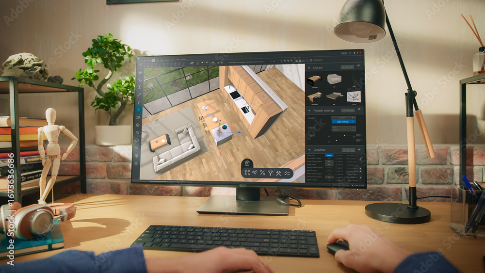 Poster pov of a person sitting behind a desk, using computer with an interior design software. anonymous de