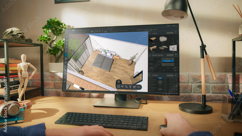 Poster pov of a person sitting behind a desk, using computer with an interior design software. anonymous de