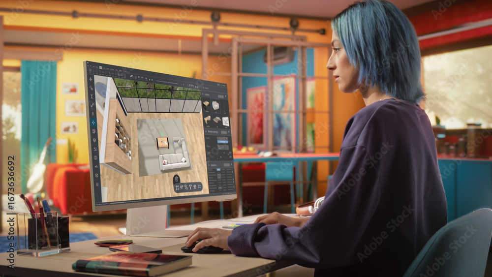 Poster creative female working, using computer software to choose, move and manipulate 3d furniture in a co