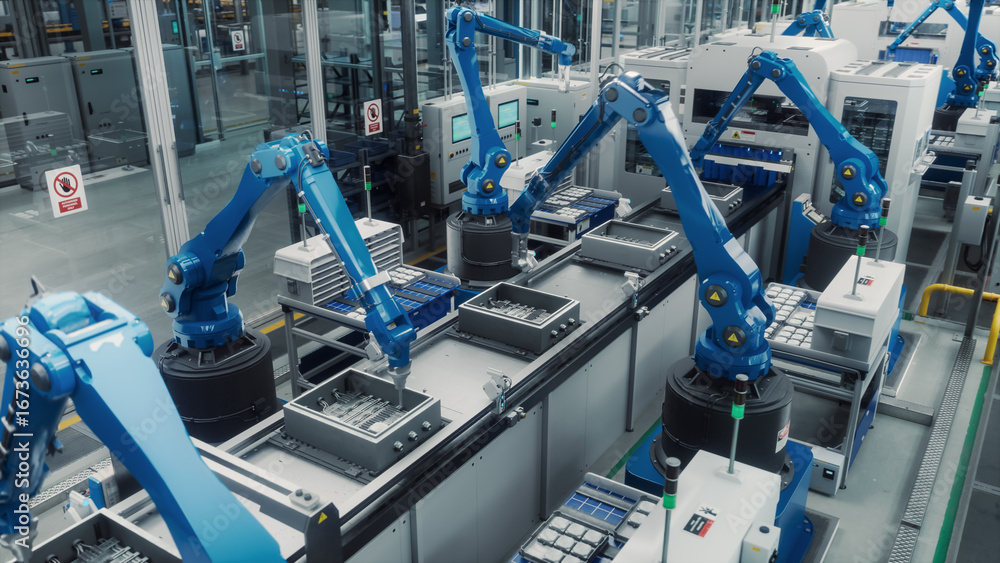 Poster advanced blue robotic arms in an autonomous factory assembling electronic components on a modern pro