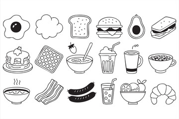 Hand-Drawn Breakfast Icons Set for Cafe and Kitchen Use