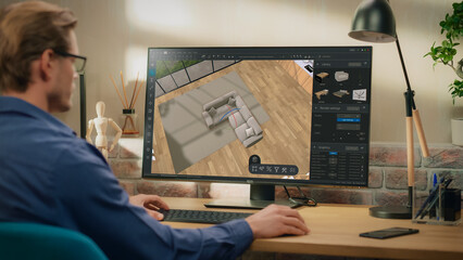 Male Interior Designer Using Professional 3D Modeling Software on a Computer to Create a Modern Living Room Layout with Sofa and a Table. Over the Shoulder Shot of a Creative Person at Work