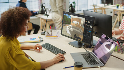 Multiethnic Interior Designer Working in an Architectural Design and Research Agency. Female...