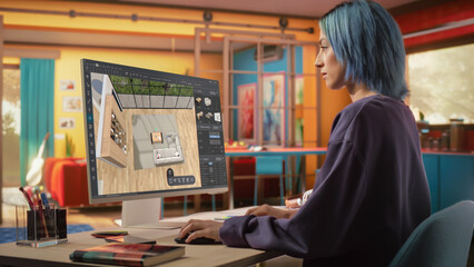 Creative Female Working, Using Computer Software to Choose, Move and Manipulate 3D Furniture in a Cozy Home Project. Student Making an Architecture College Assignment for Interior Design Course