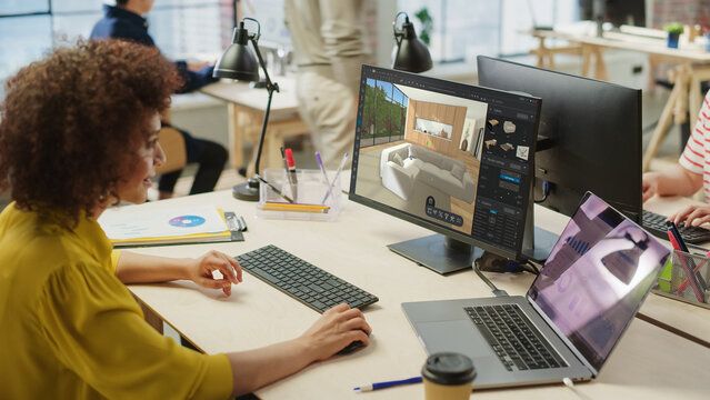 Multiethnic Interior Designer Working in an Architectural Design and Research Agency. Female Creating a Modern 3D Living Space for a Family, Working on a Living Room Layout, Setting Up a Couch