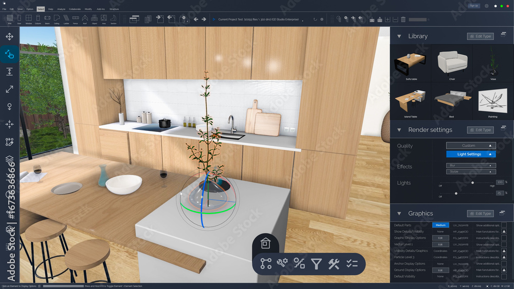 Poster screen template of an interior design computer software. designer creating a kitchen space layout, o