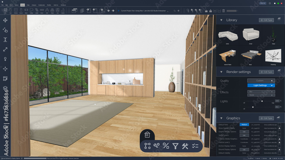 Poster user exploring advanced interior design software with realistic 3d models of modern kitchen and livi